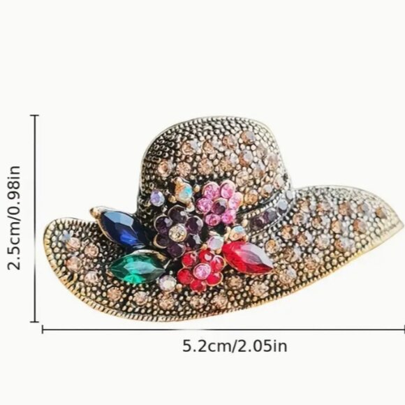 Colorful Hat Shaped Floral Multicolor Gemstone Collar Rhinestone Brooch Pin 2" - Picture 3 of 3